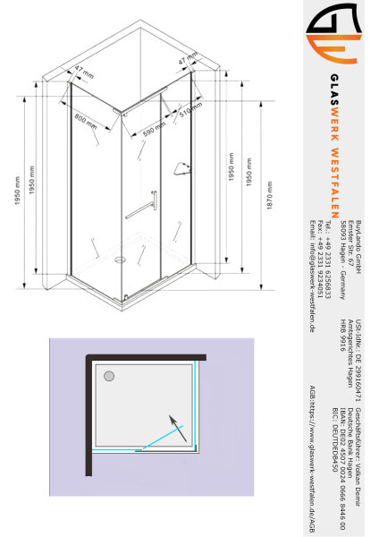 Glaswerk Westfalen - Clara 120x90x195 cm Hoekdouche met satijnen afwerking en douchebak